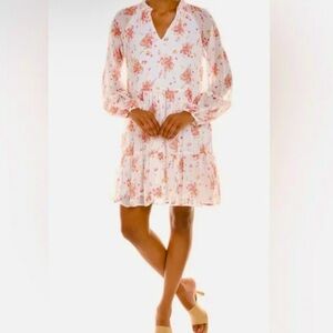 Vince Camuto Boho Floral V-neck Pink & White Tiered Ruffle Dress Size Medium